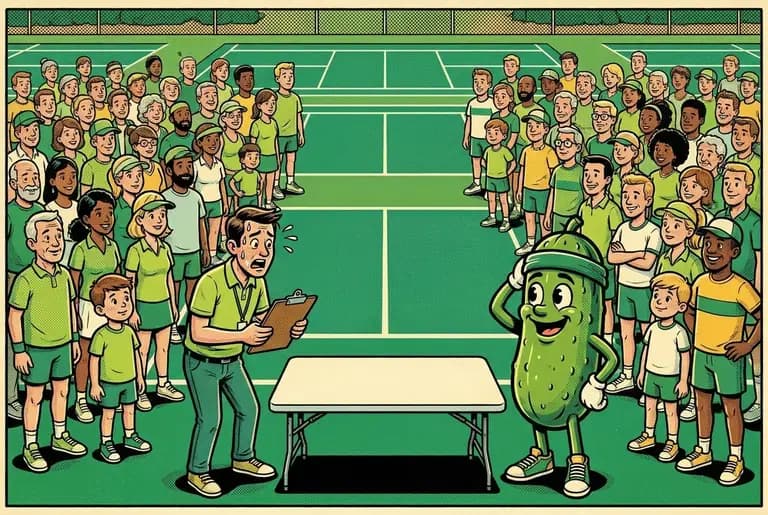 An enormous crowd fills Covenant Courts for Community Open Day while a panicking organizer stares at an empty equipment table and Dill scratches his head.