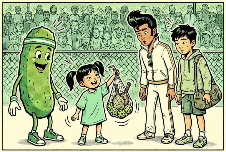 Little Mei holds up a mesh bag with five worn pickleballs and two battered paddles to Dill, Ace, and the newcomer, while the crowd murmurs behind them.