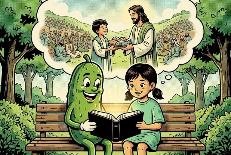 Dill and Mei read a glowing Bible while a dream cloud shows a boy handing loaves and fish toward a hillside crowd being seated in groups.