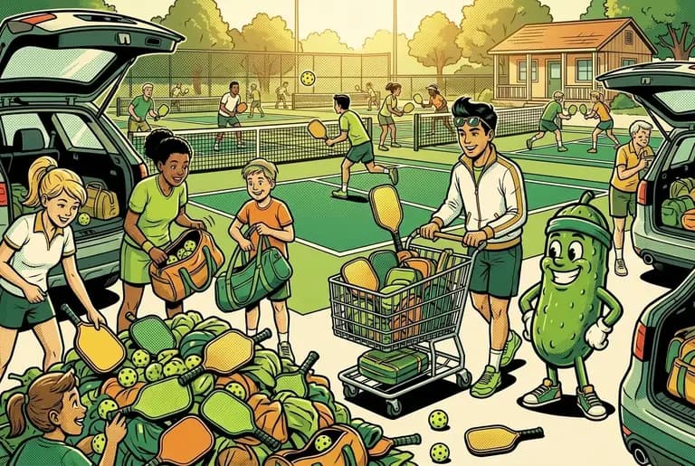 Spare paddles pour out of car trunks and gym bags into an overflowing pile as every court fills with games and Ace wheels a cart of gathered gear.