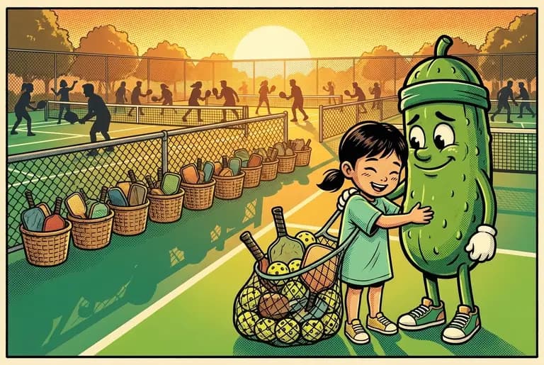 At sunset the whole community plays and laughs across full courts while Mei's mesh bag sits overflowing with gear and twelve baskets of spare paddles line the fence.