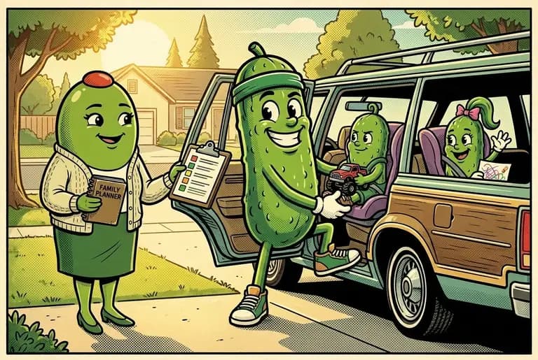Saturday morning: Olive hands Dill a color-coded shopping list as he loads both kids into the car with heroic overconfidence.
