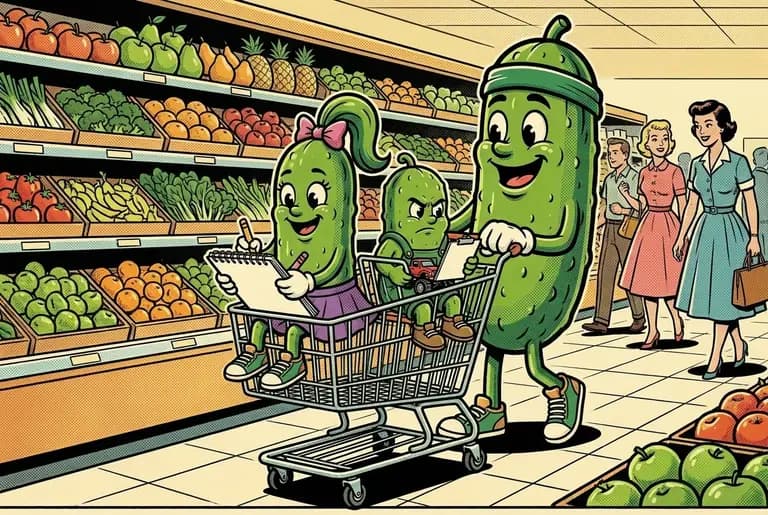 The grocery run goes smoothly: Cori rides the cart drawing, Bud solemnly holds the list like a foreman inspecting a site.