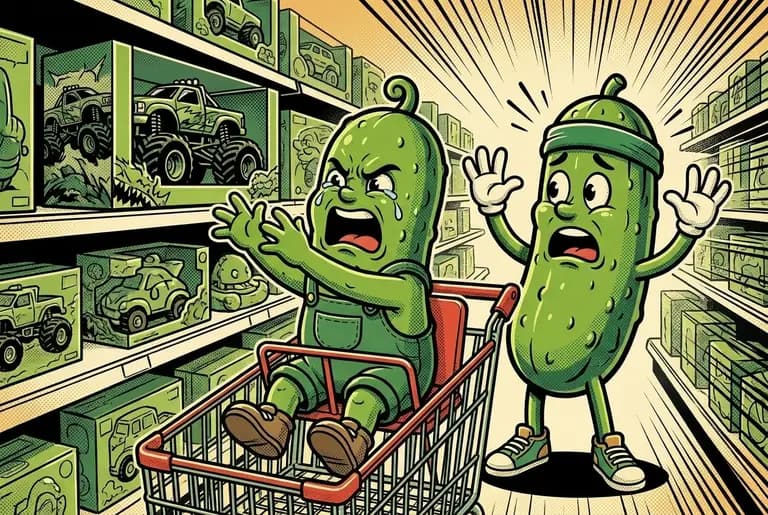Aisle seven: Bud spots a monster truck on the shelf and reaches; Dill says no; Bud's face begins the slow transformation into a storm.