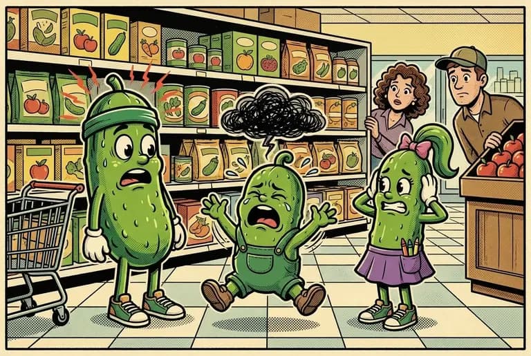 Full meltdown: Bud on the floor mid-wail, shoppers glancing over, Dill frozen with the cart, ears burning, Cori covering her ears sympathetically.