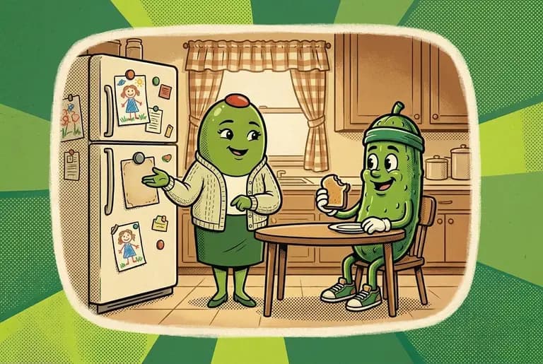 Close on Dill's mind: a warm memory of the fridge at home, where a worn magnet-held card sits among Cori's drawings; Olive's voice reading it at breakfast.