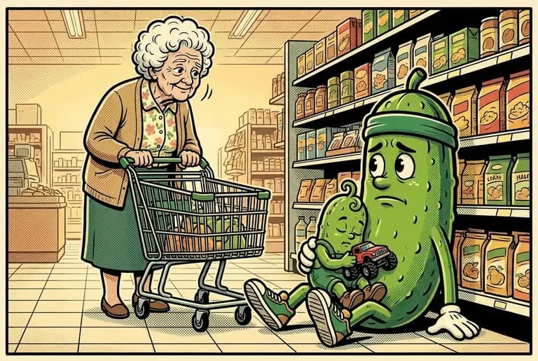 An elderly shopper pauses her cart and gives Dill a slow, knowing nod of veteran solidarity; Dill nods back from the floor.
