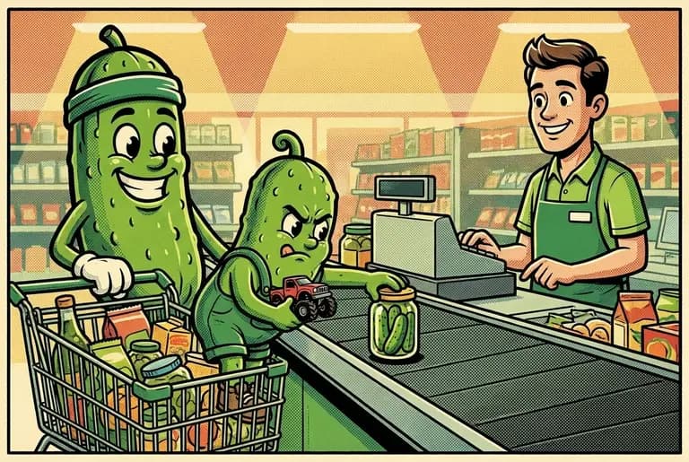 Checkout: Bud insists on placing every item on the belt himself, one at a time, with total focus; the cashier and Dill wait with matching patient smiles.