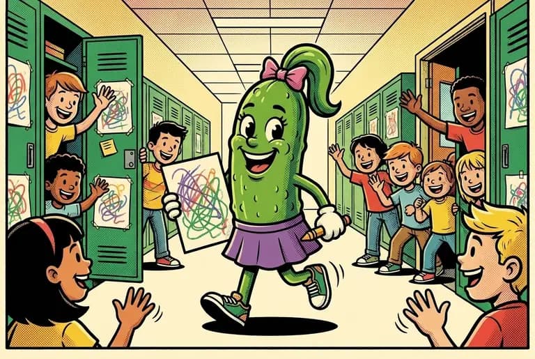 Cori's school kingdom: hallway lockers decorated with her drawings, kids waving at her from every direction as she beams down the corridor.