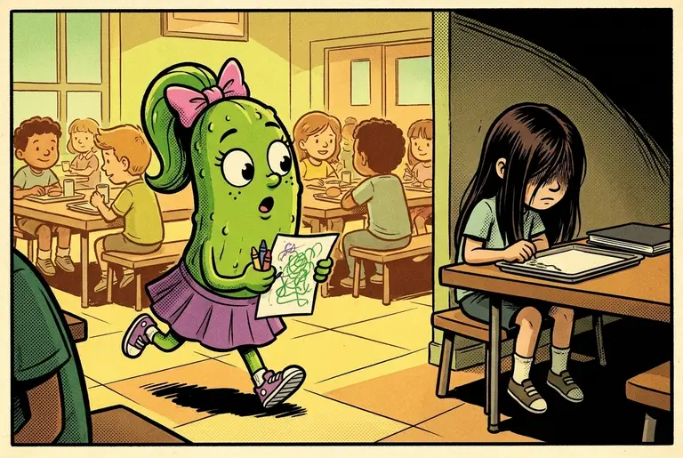 The lunchroom: bustling tables of kids — and in the corner, a new girl with hair over her face eating alone, a small untouched sketchbook beside her tray.
