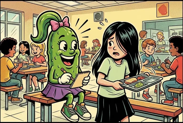 Cori's full-wattage approach: she plops down with a huge smile and rapid-fire friendliness; the new girl shrinks, grabs her tray, and hurries away.
