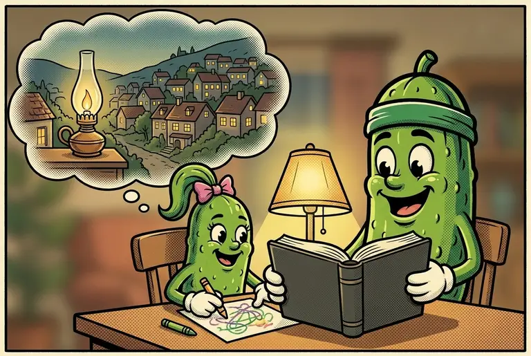Family Bible open; a dream cloud shows a hillside city at dusk, windows glowing one by one, and a single lamp on a stand refusing to be hidden under a basket.