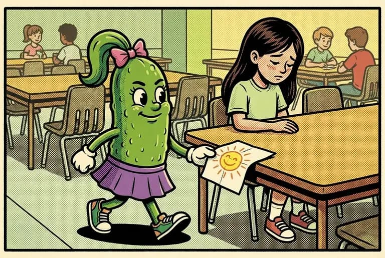 Next lunch: Cori quietly leaves a small folded drawing of a smiling sun on the new girl's table as she passes, and keeps walking without a word.