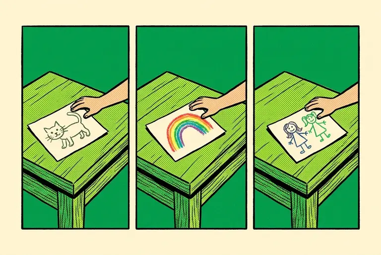 Days-passing montage: a new little drawing each lunch — a cat, two stick-figure girls, a rainbow — and the new girl's hand quietly collecting each one.