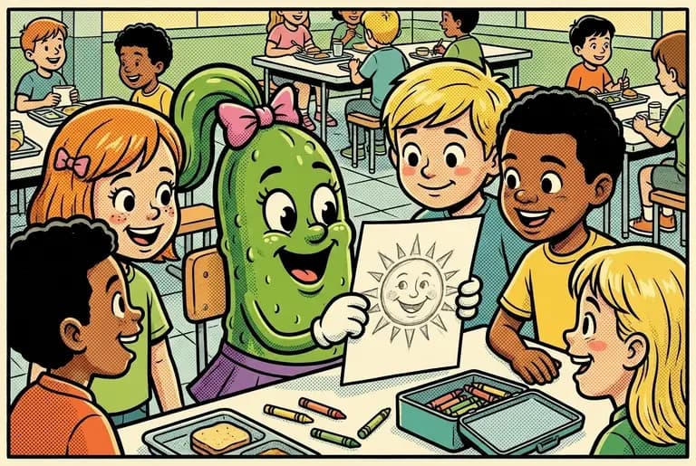 Friday: on Cori's usual table waits a folded drawing — an astonishingly good pencil sketch of a smiling sun with 'thank you' rendered as a tiny heart; Cori's face lights up the room.