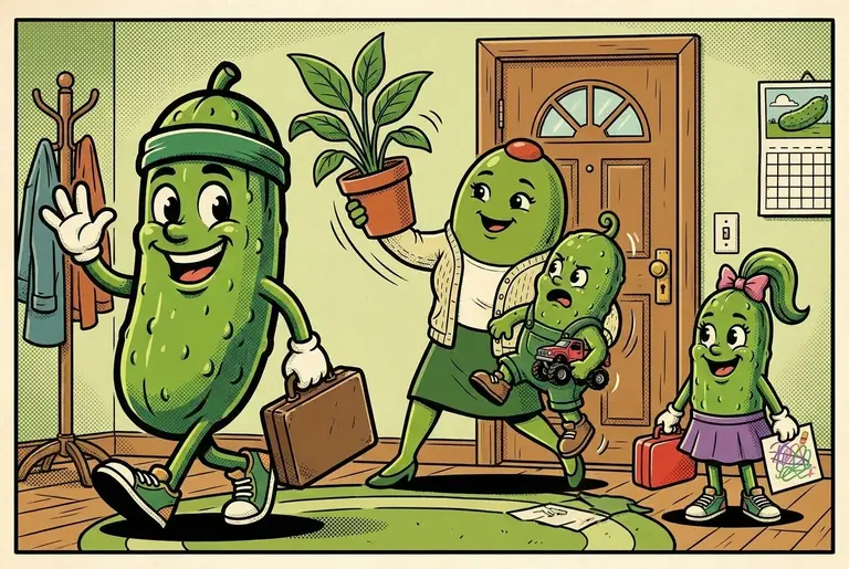 Dill at the door with his briefcase, cheerfully oblivious, kissing everyone goodbye while behind him Olive simultaneously catches a falling plant, a falling toddler, and a falling schedule.