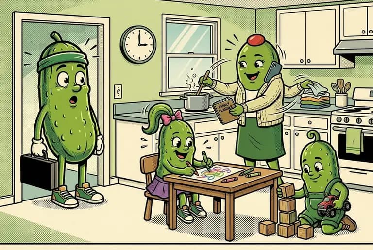 Plot twist: Dill's afternoon meeting cancels and he comes home early — freezing in the doorway as he witnesses the full machinery: laundry, dinner prep, homework help, calendar, phone on shoulder, all at once.