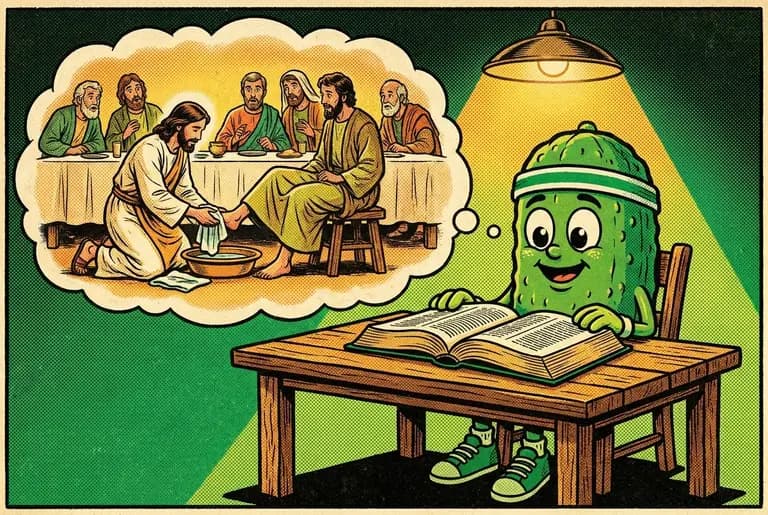 The Bible open under the lamp; a dream cloud shows the robed Teacher kneeling with a basin and towel, washing the feet of astonished disciples at supper.