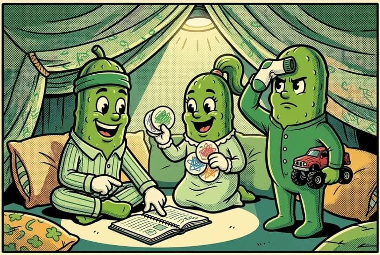 Saturday dawn, mission briefing under a blanket fort: Dill, Cori, and Bud in pajamas around the notebook; Cori draws mission badges, Bud is assigned sock duty and salutes with a sock.