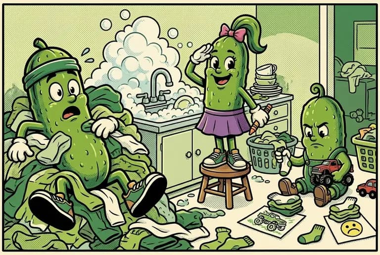 Glorious chaos montage: Dill buried in a laundry avalanche, Cori commanding a sink of towering dish bubbles, Bud sorting socks into two piles labeled by a truck drawing and a frowny face.