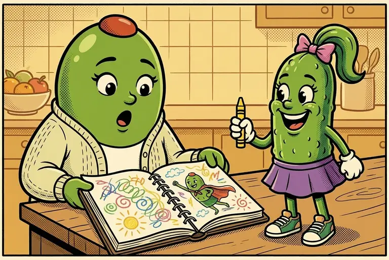 Olive finds her sacred planner on the counter: every Saturday slot filled with the word REST in crayon, decorated with suns and a drawing of her in a cape.
