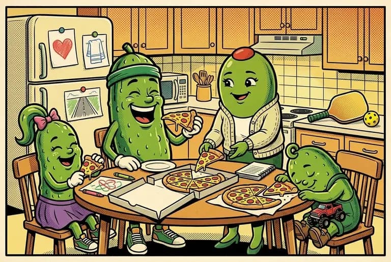 Celebration pizza at home: the family around the table, three verse cards visible on the fridge — patient love, a towel, and now a straight road — Bud asleep in the pizza.