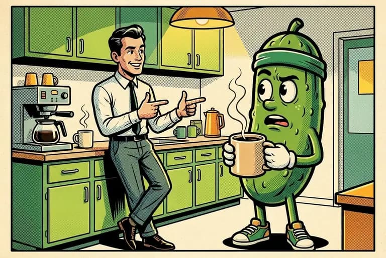 The office kitchen: a slick colleague shrugs over coffee, all confidence and finger guns, while Dill holds his mug like a lifeline.