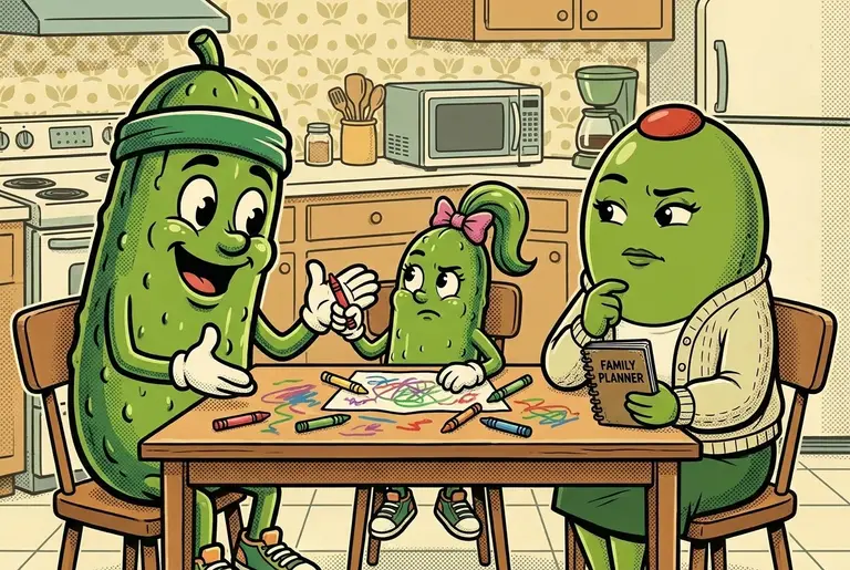 Kitchen table at home: Dill explains the dilemma to Olive while Cori, mid-drawing, looks up with devastating six-year-old clarity.