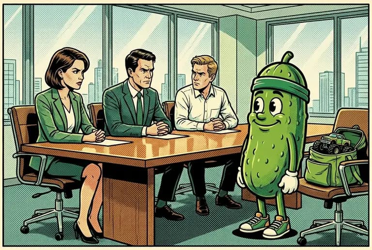 The long silence: executives exchanging unreadable glances across the table while Dill stands steady, the toy monster truck just visible in his open bag.