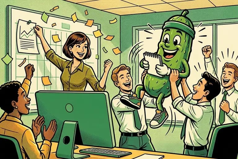 Two weeks later: the office erupts as an email lands — Hendricks expanding the contract and referring their sister company; the manager pins Dill's printout to the wall chart.